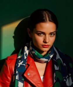 This-is-a-photograph-of-a-young-woman-with-a-light-olive-complexion-and-dark-brown-hair-styled-in-a-sleek-low-ponytail-She-is-standing-against-a-solid-green-wall-with-a-warm