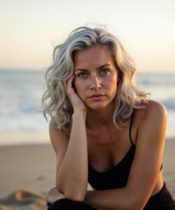 This-is-a-photograph-of-a-young-woman-with-light-skin-and-shoulder-length-wavy-platinum-blonde-hair-She-is-sitting-on-a-sandy-beach-with-the-ocean-behind-her-The-sky-is-a-soft