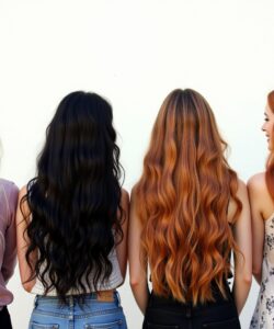 This-is-a-photograph-of-four-women-standing-side-by-side-facing-away-from-the-camera-against-a-plain-off-white-wall-Each-woman-has-long-wavy-hair-with-varying-colors-and-styles