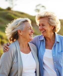 This-is-a-photograph-of-two-elderly-women-standing-outdoors-on-a-sandy-beach-at-sunset-The-woman-on-the-left-has-short-wavy-silver-hair-and-is-wearing-a-white-top-and-a-light-gray
