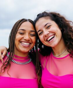 This-is-a-vibrant-photograph-featuring-two-young-women-standing-closely-together-on-a-beach-smiling-broadly-at-the-camera-Both-women-have-a-light-to-medium-skin-tone-and-curly-voluminous-hair-The-woman