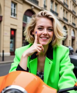 This-is-a-vibrant-photograph-of-a-young-woman-sitting-on-a-bright-orange-Vespa-scooter-on-a-city-street-She-has-short-blonde-hair-styled-in-a-tousled-bob-and-is-smiling-broadly-with