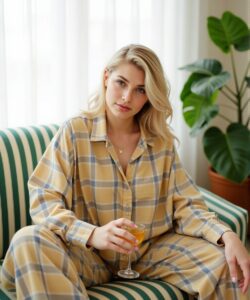 This-photograph-captures-a-young-woman-seated-on-a-striped-sofa-with-a-relaxed-and-serene-expression-She-has-light-blonde-hair-styled-in-loose-waves-fair-skin-and-blue-eyes-She-wears-a-loose-f