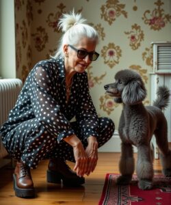 This-photograph-captures-an-elderly-woman-with-silver-hair-styled-in-a-high-ponytail-crouching-beside-a-well-groomed-fluffy-grey-poodle-The-woman-wears-a-black-and-white-polka