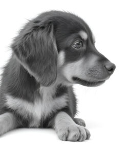 a-fluffy-young-puppy-with-large-expressive-eyes-and-floppy-ears-lying-on-a-white-surface-facing-left-The-puppy-s-soft-fur-contrasts-against-the-stark-background