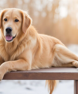 a-golden-retriever-with-a-lustrous-golden-coat-lounging-on-a-wooden-railing-Background-features-a-blurred-sunlit-snowy-landscape-The-dog-s-expression-is-relaxed