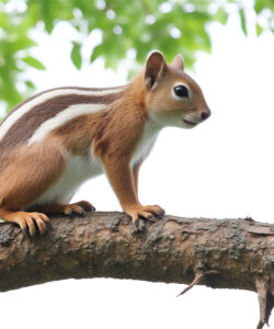 a-red-squirrel-with-white-underbelly-and-brown-back-perched-on-a-curved-tree-branch-Background-features-green-leaves-and-a-white-sky