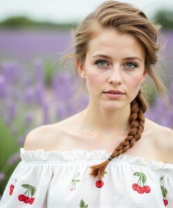 a-young-woman-standing-amidst-a-field-of-blooming-lavender-flowers-set-against-a-blurred-background-of-a-cloudy-sky-She-has-light-skin-and-striking-green-eyes-with-a-delicate-fair