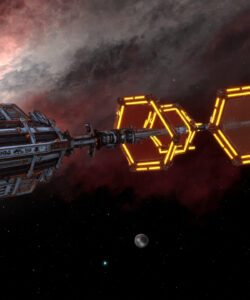 A-CGI-rendered-space-station-with-hexagonal-solar-panels-orbiting-a-starry-cloudy-space-backdrop-featuring-a-distant-moon