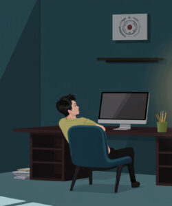 A-digital-drawing-depicts-a-man-in-a-yellow-shirt-sitting-at-a-dark-wooden-desk-in-a-dim-room