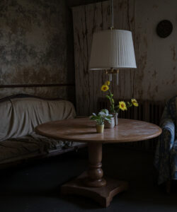 A-dimly-lit-rustic-room-with-a-wooden-table-two-patterned-armchairs-a-vintage-lamp-and-yellow-flowers
