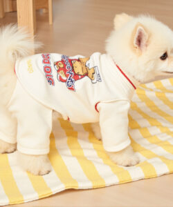 A fluffy cream colored puppy wearing a winnie the pooh onesie stands on a yellow striped blanket in a cozy room