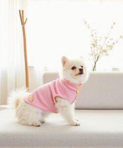 A fluffy white pomeranian in a pink sweater stands on a beige sofa with soft natural light and plants