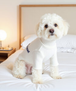 A fluffy white dog in a white sweater sits on a bed in a well lit minimalist bedroom