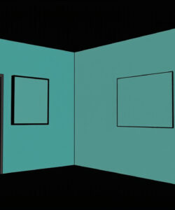 A-minimalist-digital-drawing-depicting-a-teal-walled-room-with-a-dark-door-two-blank-frames-and-a-black-floor