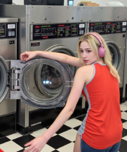 A-photograph-of-a-blonde-woman-in-a-red-tank-top-jeans-and-pink-headphones-interacting-with-a-washer