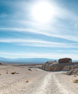 A-photograph-of-a-desolate-sunlit-desert-landscape-with-sparse-vegetation-rugged-rocks-and-a-winding-dirt-path