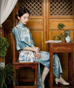 A photograph of an asian woman in traditional blue silk cheongsam seated by a wooden table with plants
