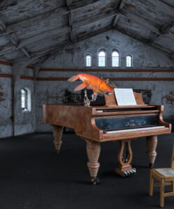 A-photograph-of-an-eerie-abandoned-room-with-a-grand-piano-featuring-a-fox-head-and-a-rustic-chair
