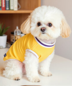 A small fluffy white dog with a yellow sweater sits on a white table with a bookshelf and potted plant