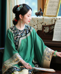 A woman in traditional green silk attire plays a wooden flute near a window with a sheet music stand