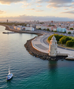 Aerial-photograph-of-a-coastal-town-with-a-historic-tower-yachts-and-a-scenic-sunset-over-a-harbor