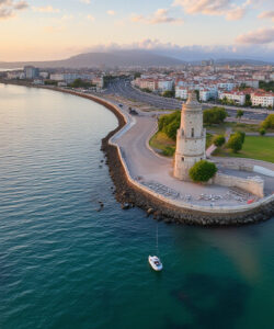 Aerial-photograph-of-a-historic-stone-tower-with-a-lighthouse-near-a-coastal-town-at-sunset-featuring-boats-and-buildings