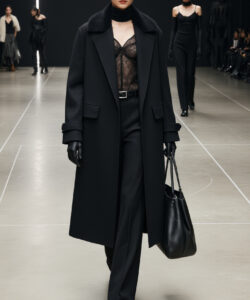 Asian model walking on a runway wearing a black coat lace top and holding a black handbag high quality