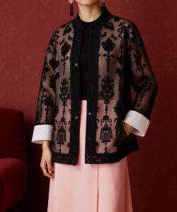 Asian woman black lace jacket pink skirt red background elegant studio lighting high quality full body solo