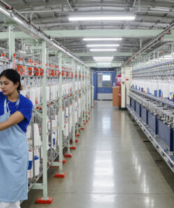 Asian-woman-in-blue-apron-working-in-a-modern-textile-factory-with-rows-of-spools-machinery-and-fluorescent-lighting