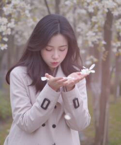 Asian-woman-with-long-dark-hair-wearing-a-beige-coat-holding-delicate-white-flowers-in-an-outdoor-park