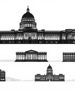 Black-and-white-digital-drawing-of-notable-buildings-U-S-Capitol-NYC-City-Hall-Federal-Reserve-Washington-Monument-and-Supreme-Court