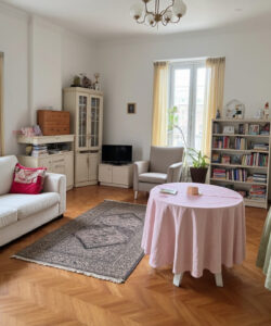 Bright-cozy-living-room-with-white-furniture-pink-and-red-accents-wooden-parquet-floor-potted-plants-and-bookshelves