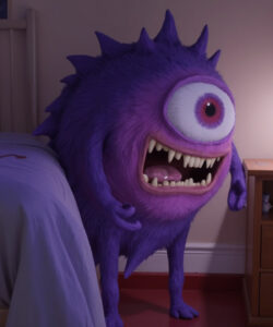 CGI-image-of-a-purple-one-eyed-monster-with-sharp-teeth-standing-beside-a-bedside-lamp-in-a-dimly-lit-room
