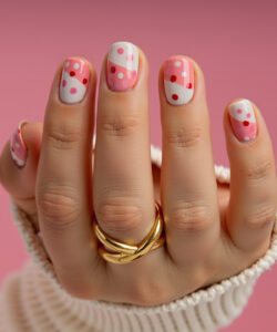 Close up photo of a hand with a gold ring nails painted with pink and white polka dots pink background