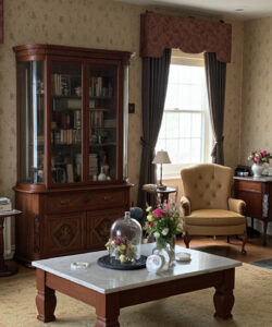 Cozy-vintage-living-room-with-floral-wallpaper-wooden-furniture-yellow-armchairs-glass-front-cabinet-fireplace-and-sunlight-streaming-through-windows