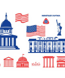 Digital-collage-featuring-American-symbols-Washington-Monument-White-House-Mount-Rushmore-Statue-of-Liberty-and-U-S-flags