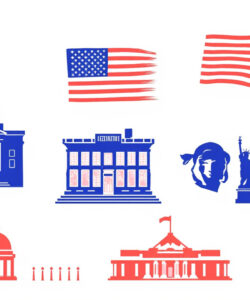 Digital-illustration-featuring-red-and-blue-silhouettes-of-iconic-American-landmarks-symbols-and-figures-on-a-white-background