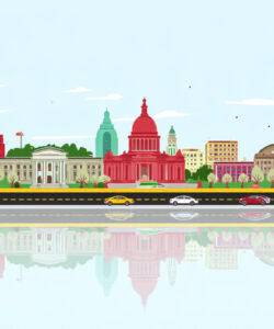 Digital-illustration-of-Washington-D-C-skyline-with-iconic-buildings-cars-and-sun-reflecting-on-a-calm-river-below