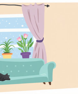 Digital-illustration-of-a-cozy-living-room-with-a-mint-green-couch-potted-plants-a-black-cat-and-a-fish-tank