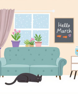Digital-illustration-of-a-cozy-room-with-a-teal-sofa-potted-plants-a-fish-tank-and-a-black-cat