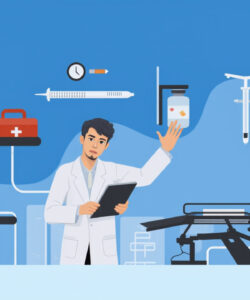 Digital-illustration-of-a-male-doctor-in-white-coat-holding-tablet-in-a-modern-medical-lab-with-various-equipment