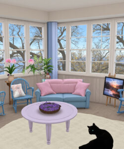 Digital-rendering-of-cozy-sunlit-living-room-with-blue-furniture-potted-plants-and-a-black-cat-on-beige-carpet