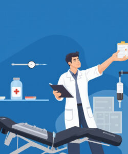 Flat-vector-illustration-of-a-male-doctor-in-white-coat-holding-clipboard-examining-patient-on-stretcher-medical-supplies-blue-background
