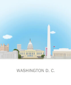 Illustration-of-Washington-D-C-landmarks-Capitol-White-House-Smithsonian-National-Mall-with-a-clear-blue-sky-and-minimalistic-design