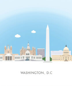 Illustration-of-Washington-D-C-landmarks-Capitol-White-House-Washington-Monument-Supreme-Court-Lincoln-Memorial-Smithsonian-against-a-light-blue-sky