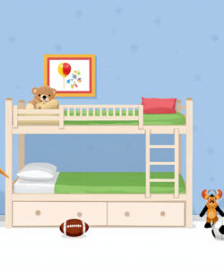 Illustration-of-a-child-s-room-with-a-bunk-bed-teddy-bear-bookshelf-football-and-a-potted-plant