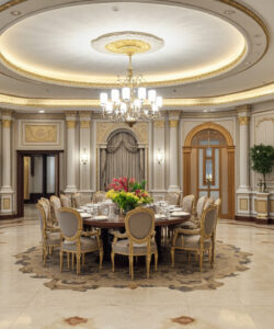 Luxurious-ornate-dining-room-with-gold-and-cream-accents-chandelier-elegant-chairs-and-large-floral-centerpiece