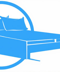 Minimalist-blue-bed-silhouette-with-two-pillows-set-against-a-white-background-featuring-a-circular-border-framing-the-design