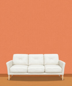 Minimalist-digital-art-white-couch-against-orange-wall-mounted-air-conditioner-wooden-floor-clean-and-simple-design